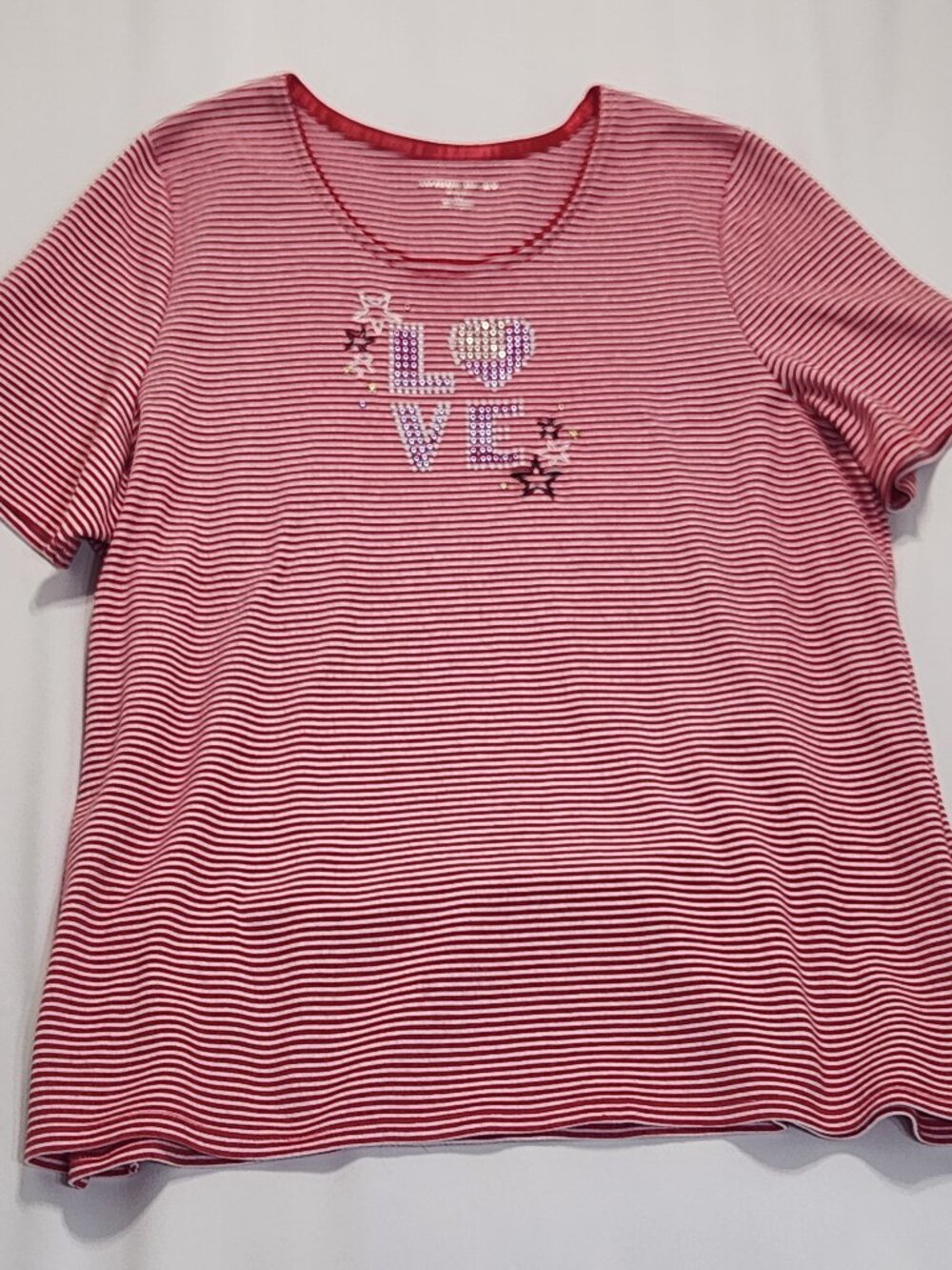 Allison Daley Women Plus 3X Red White Striped T-Shirt Love Graphic Star Studs